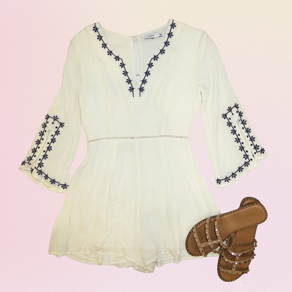 LUSH Embroidered Long Sleeve Romper – White/Blue (S)